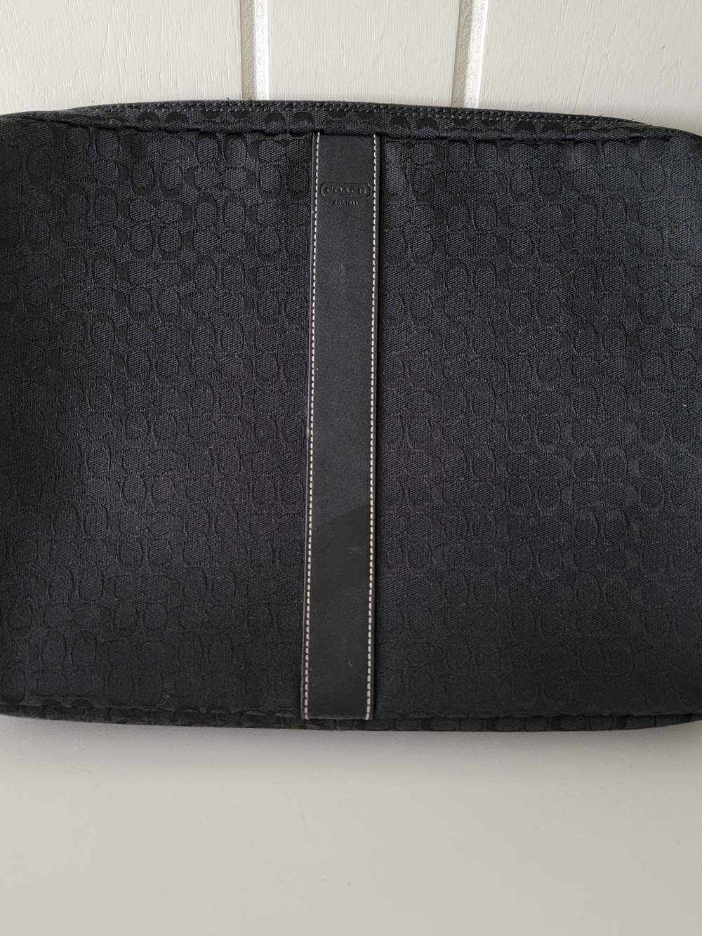 Coach Black Signature Jacquard Laptop Sleeve with Center Leather Stripe